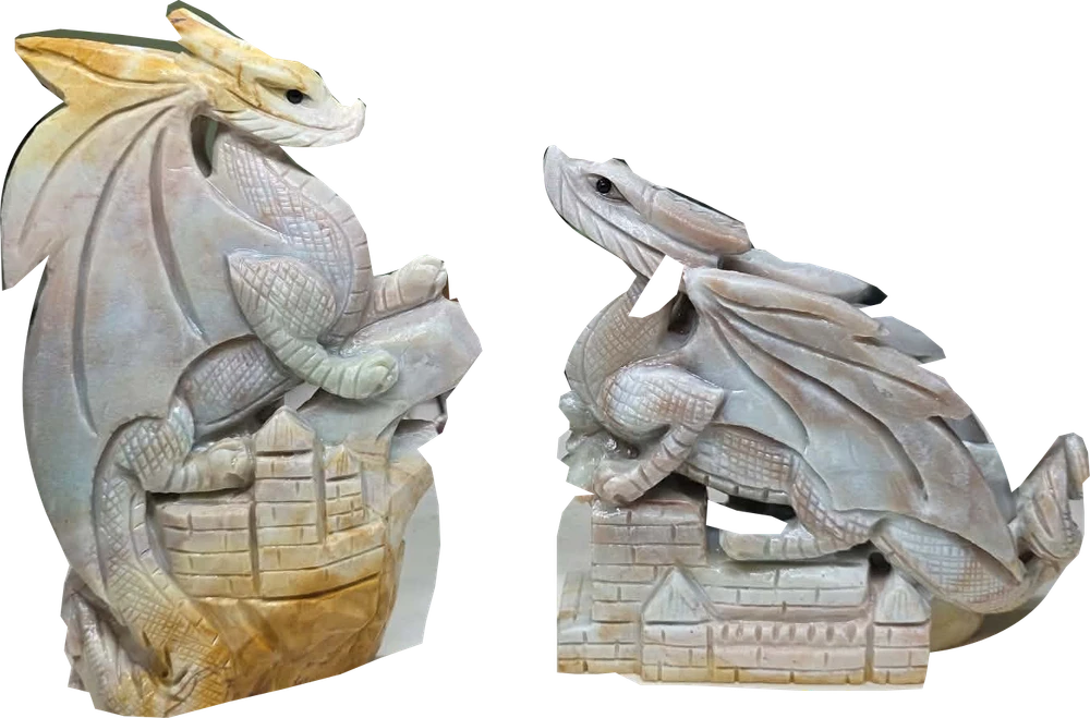Ann’s pair of amazonite dragon carvings displayed together as photographed.